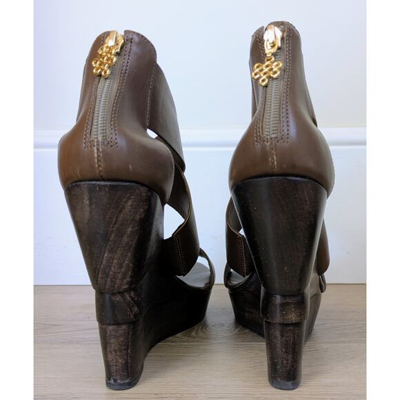 NEW Diane Von Furstenberg Opal Wedge Sandal 9.5 Strappy Vacchetta Leather Wood - Picture 7 of 12